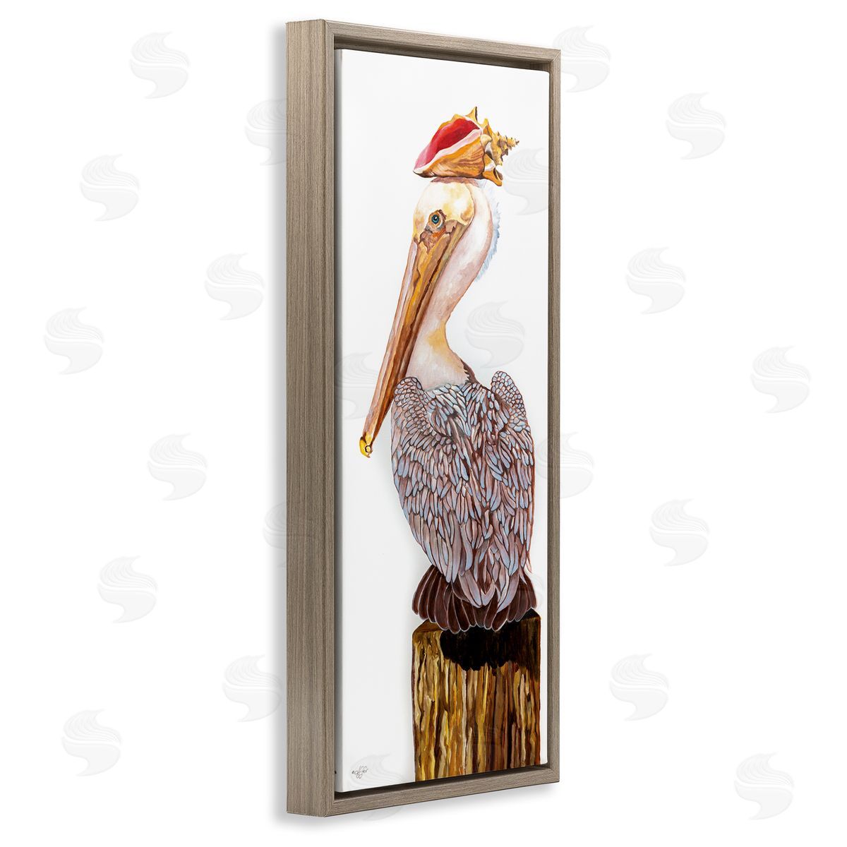 Nautical Pelican with Sea Shell Brown Floating Frame Canvas Wall Art, Home Decor by Diane Fifer