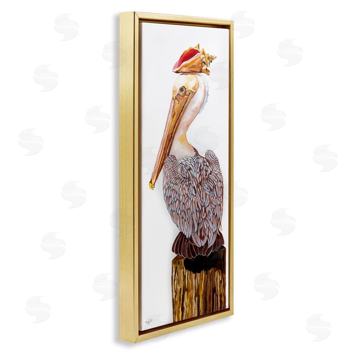 Nautical Pelican with Sea Shell Gold Floating Frame Canvas Wall Art, Home Decor by Diane Fifer