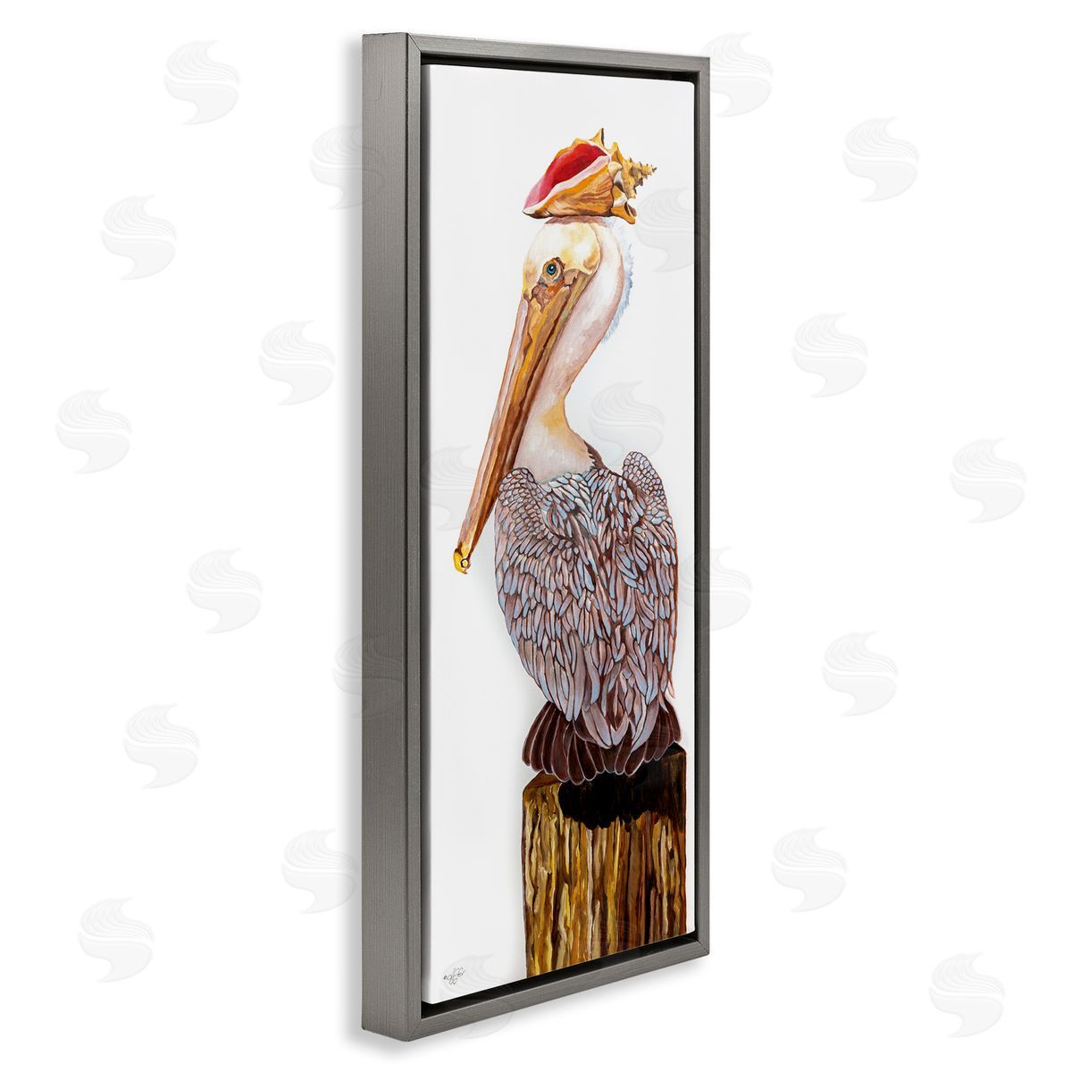 Nautical Pelican with Sea Shell Grey Floating Frame Canvas Wall Art, Home Decor by Diane Fifer