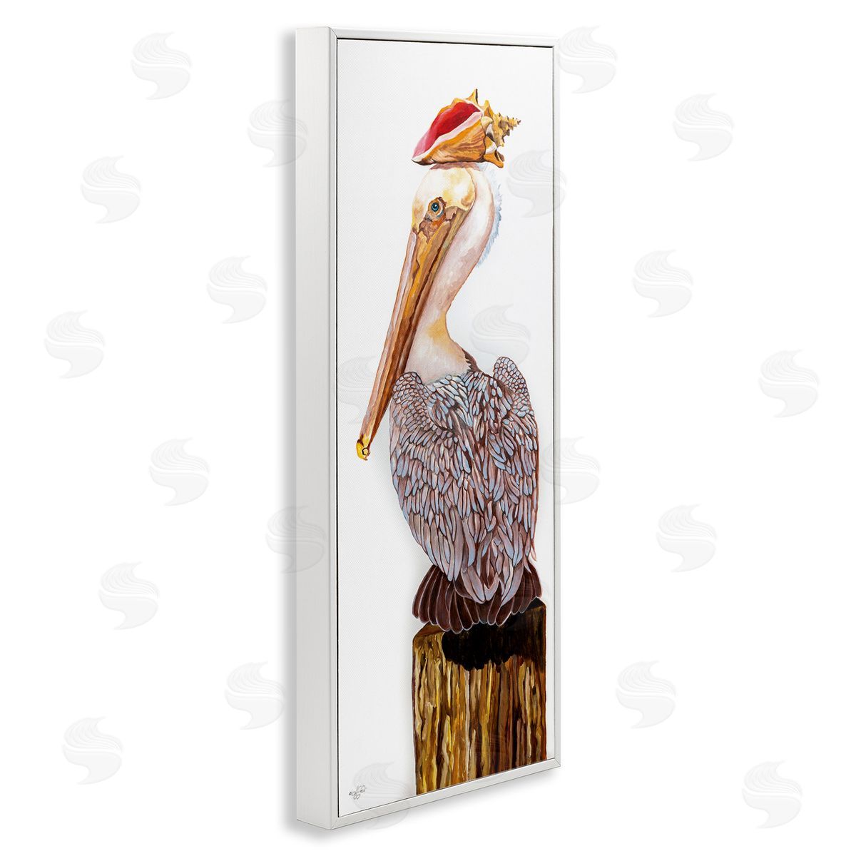 Nautical Pelican with Sea Shell White Frame Print Wall Art, Home Decor by Diane Fifer