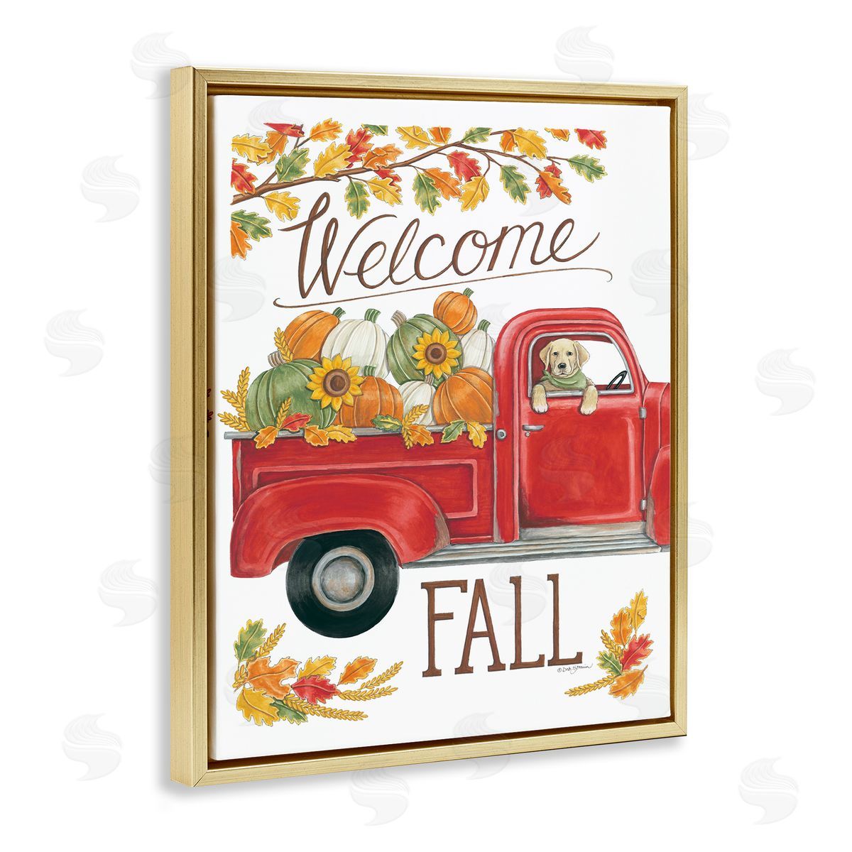 Deb Strain Welcome Fall Red Truck Dog Gold Floater Frame Canvas Art
