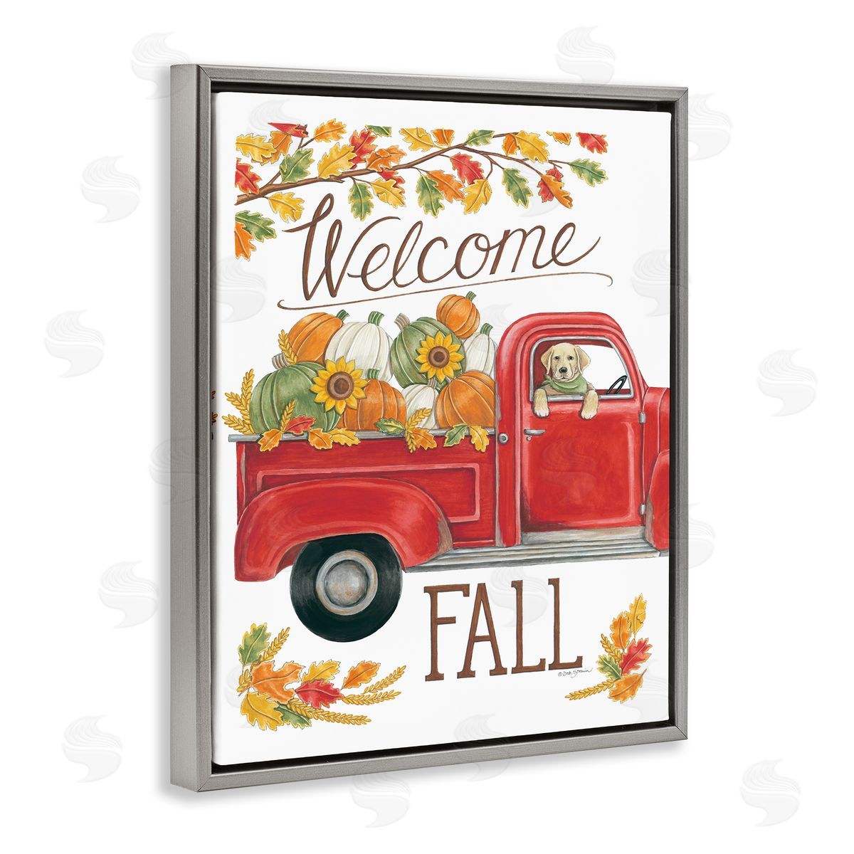 Deb Strain Welcome Fall Red Truck Dog Gray Floater Frame Canvas Art