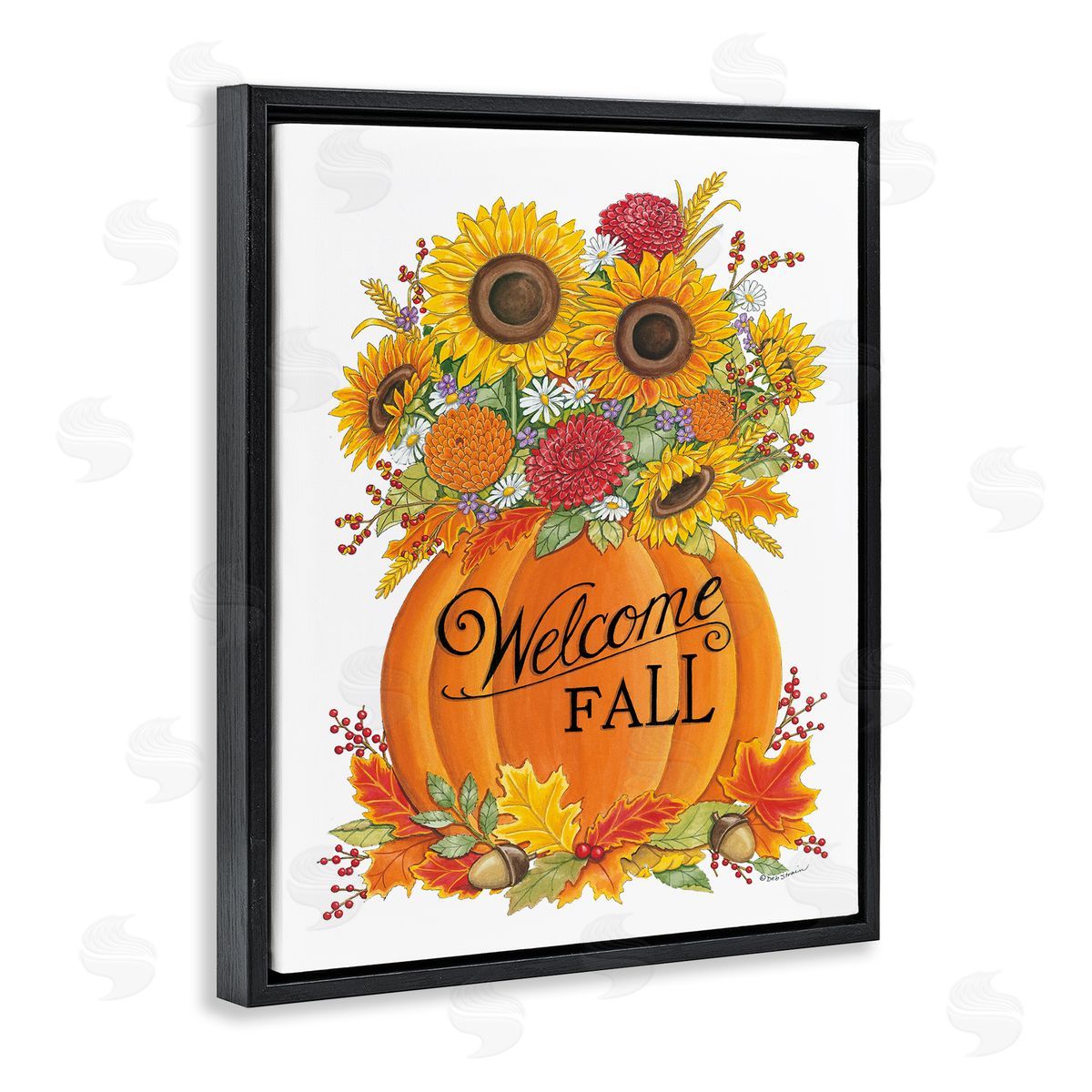 Deb Strain Welcome Fall Pumpkin and Florals Black Floater Frame Canvas Art