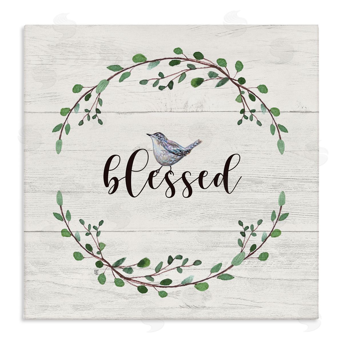 Elizabeth Tyndall Blessed Phrase Bird and Wreath Canvas Wall Art