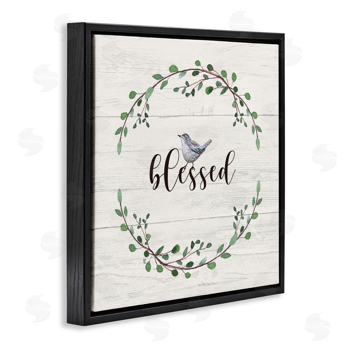 Elizabeth Tyndall Blessed Phrase Bird and Wreath Black Floater Frame Canvas Art