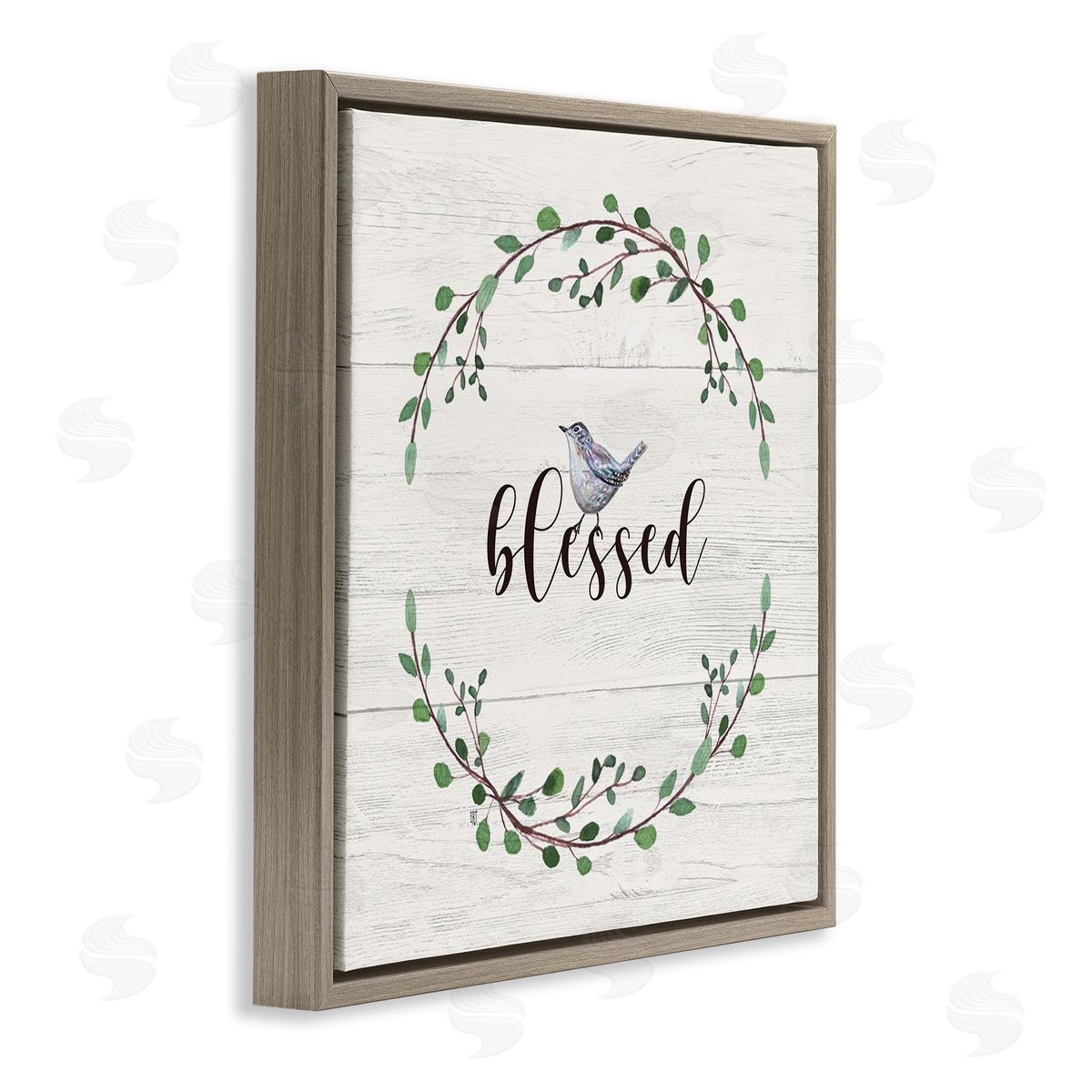 Elizabeth Tyndall Blessed Phrase Bird and Wreath Brown Floater Frame Canvas Art