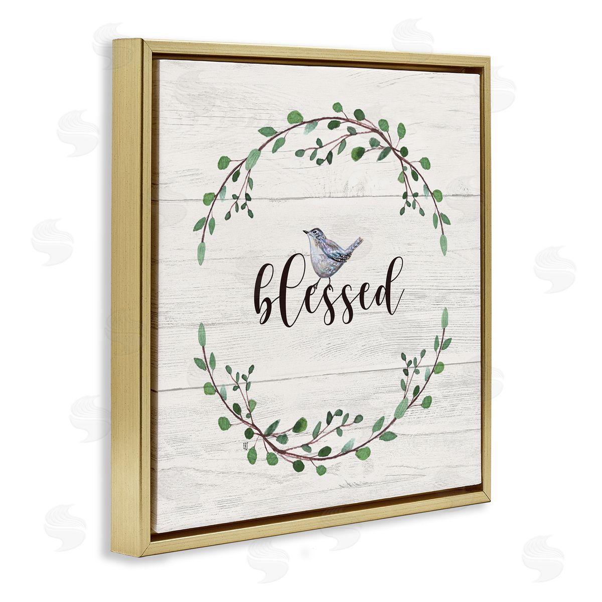 Elizabeth Tyndall Blessed Phrase Bird and Wreath Gold Floater Frame Canvas Art