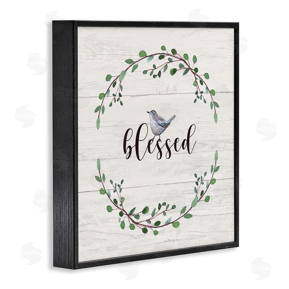 Elizabeth Tyndall Blessed Phrase Bird and Wreath Black Framed Giclee Wall Art