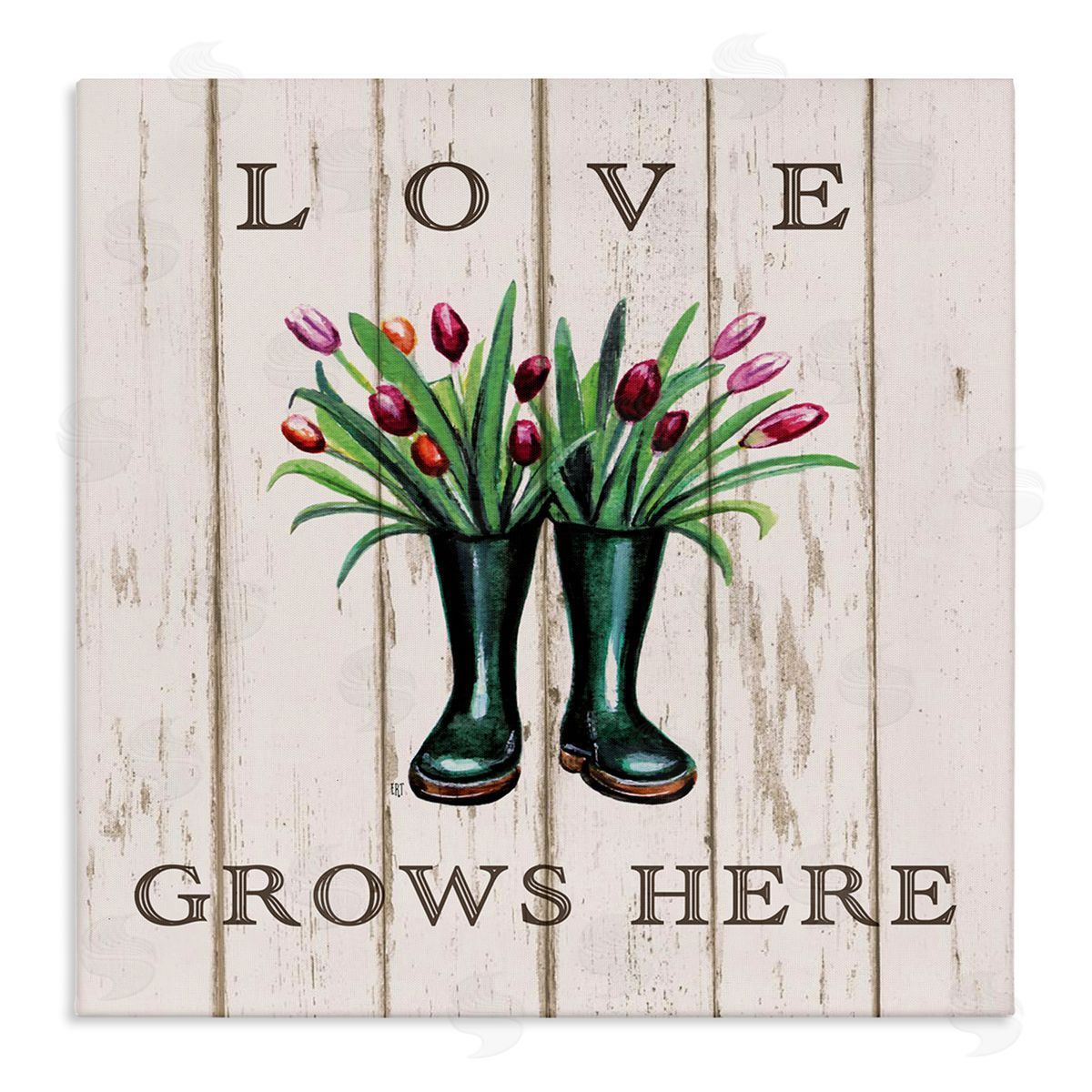 Elizabeth Tyndall Love Grows Here Rainboot Bouquets Canvas Wall Art