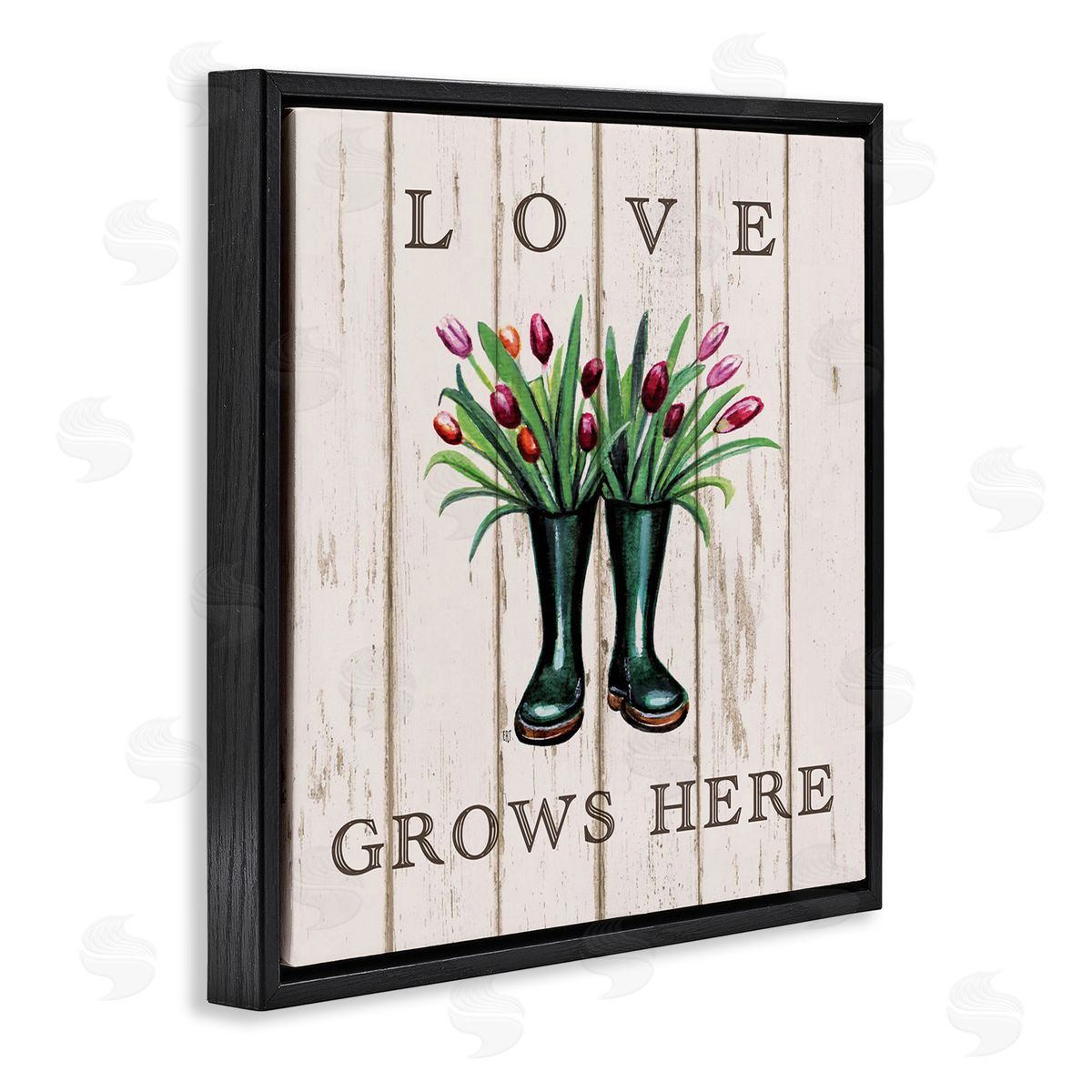 Elizabeth Tyndall Love Grows Here Rainboot Bouquets Black Floater Frame Canvas Art