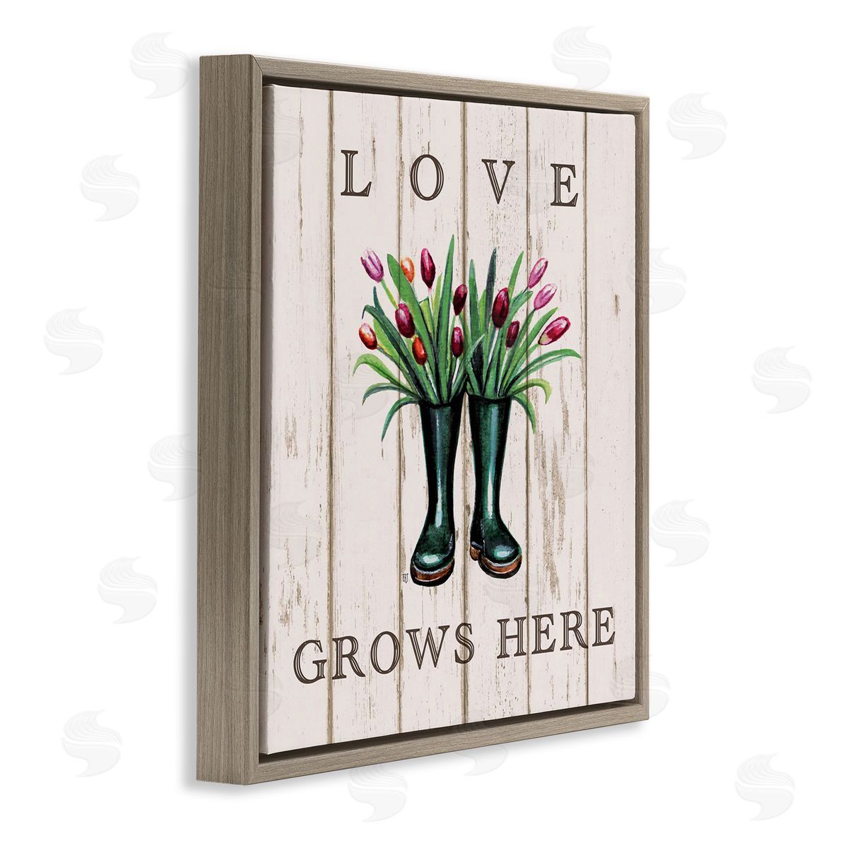 Elizabeth Tyndall Love Grows Here Rainboot Bouquets Brown Floater Frame Canvas Art