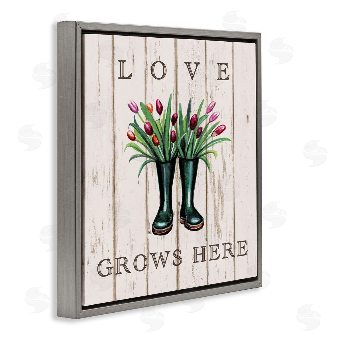 Elizabeth Tyndall Love Grows Here Rainboot Bouquets Gray Floater Frame Canvas Art
