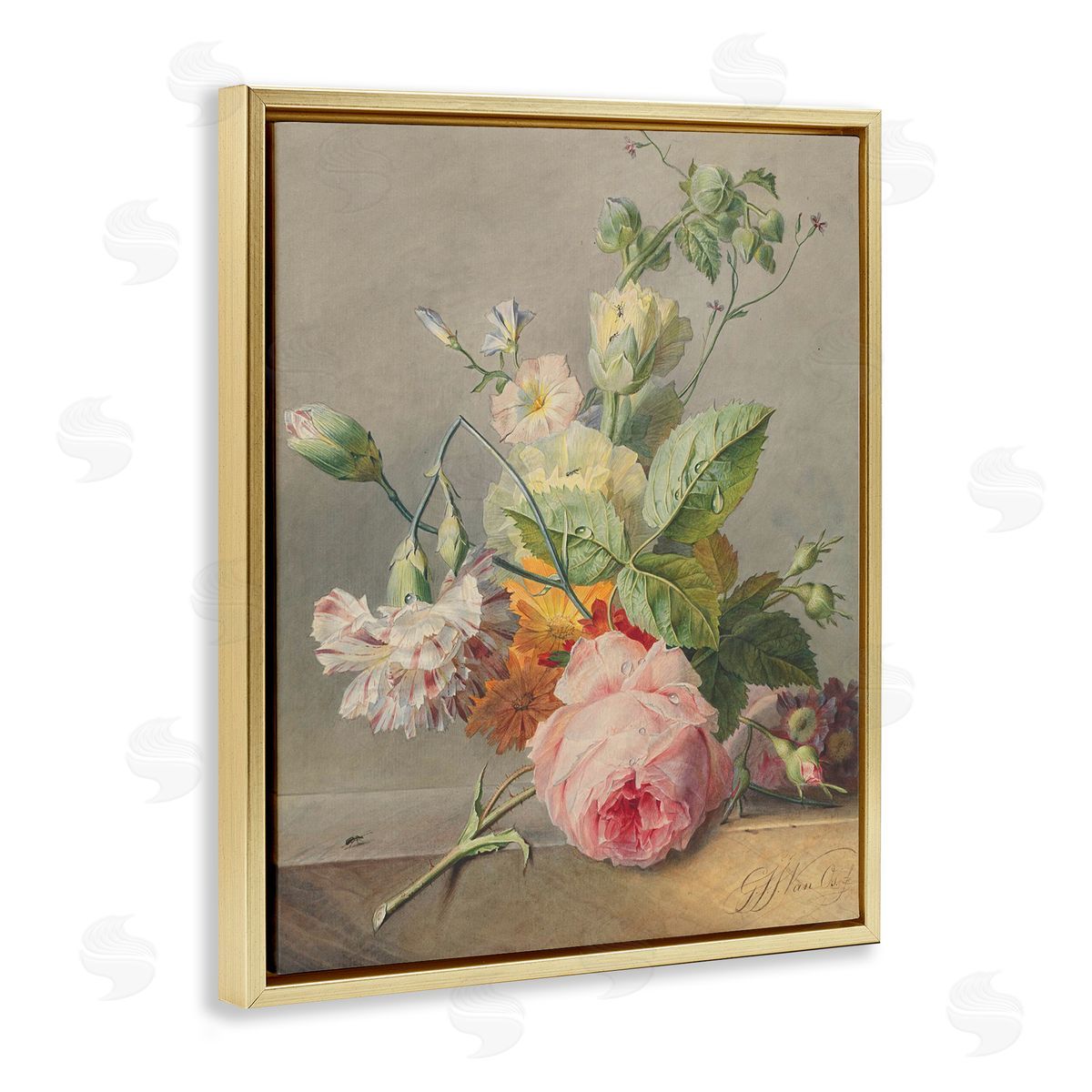 Ziwei Li Vintage Pink Florals on Table Gold Floater Frame Canvas Art