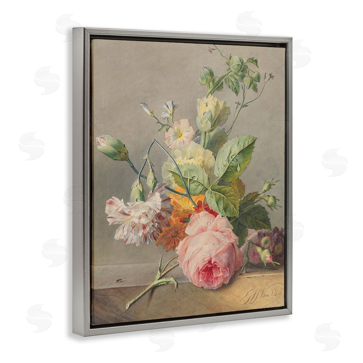 Ziwei Li Vintage Pink Florals on Table Gray Floater Frame Canvas Art