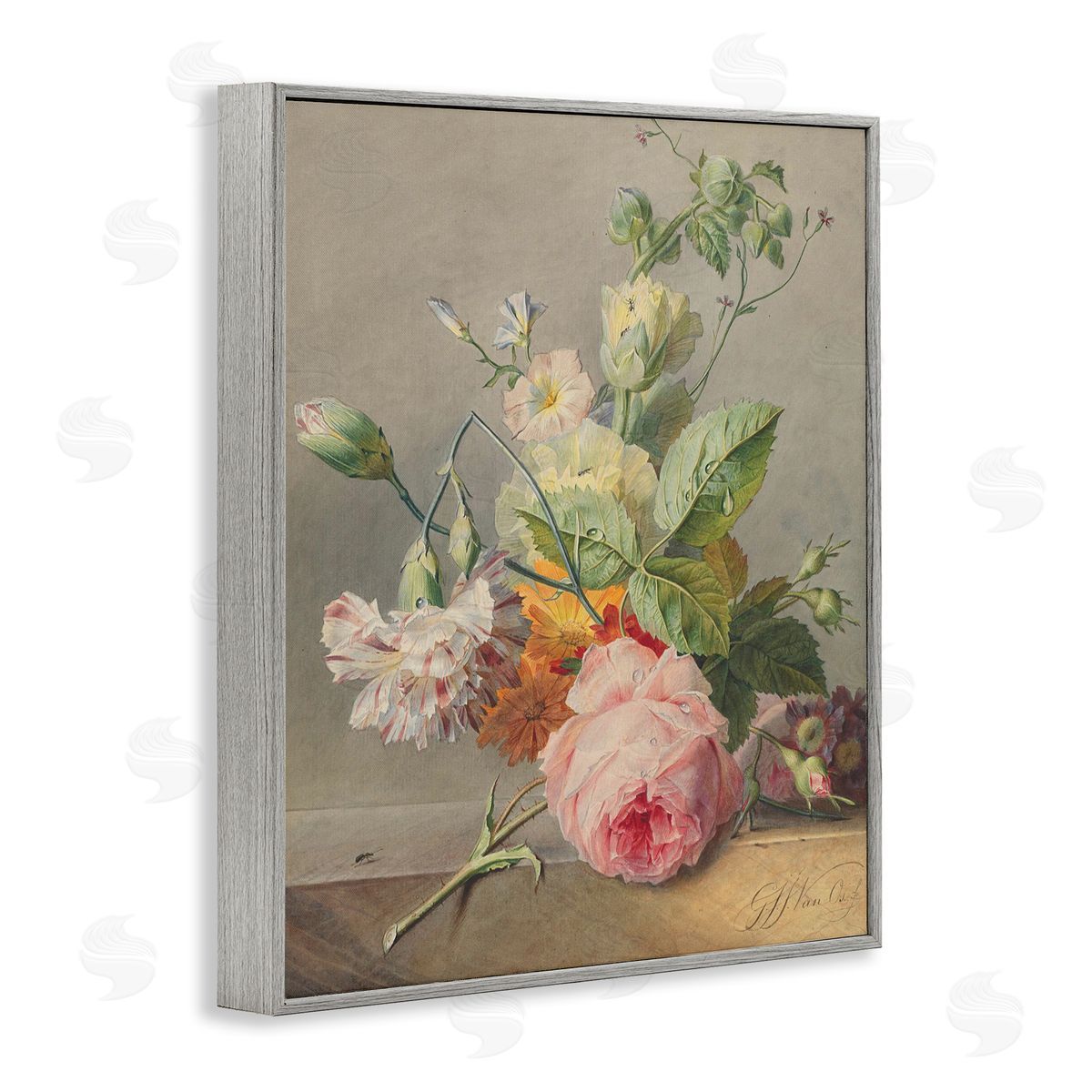 Ziwei Li Vintage Pink Florals on Table Gray Framed Giclee Wall Art