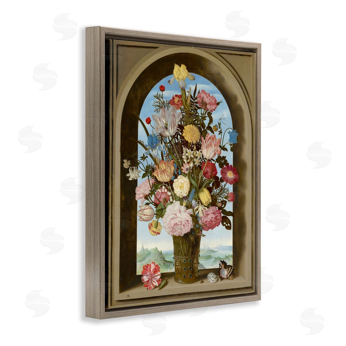Ziwei Li Vintage Floral Bouquet Gothic Window Brown Floater Frame Canvas Art