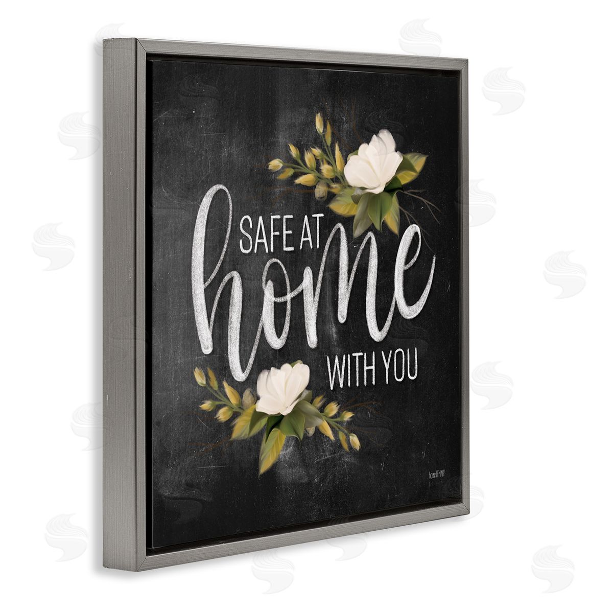 House Fenway Safe At Home Phrase White Florals Gray Floater Frame Canvas Art