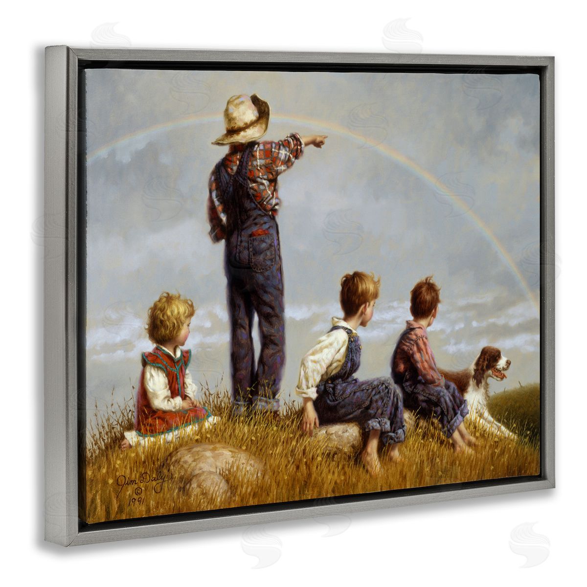Jim Daly Meadow Children under Rainbow with Dog Gray Floater Frame Canvas Art