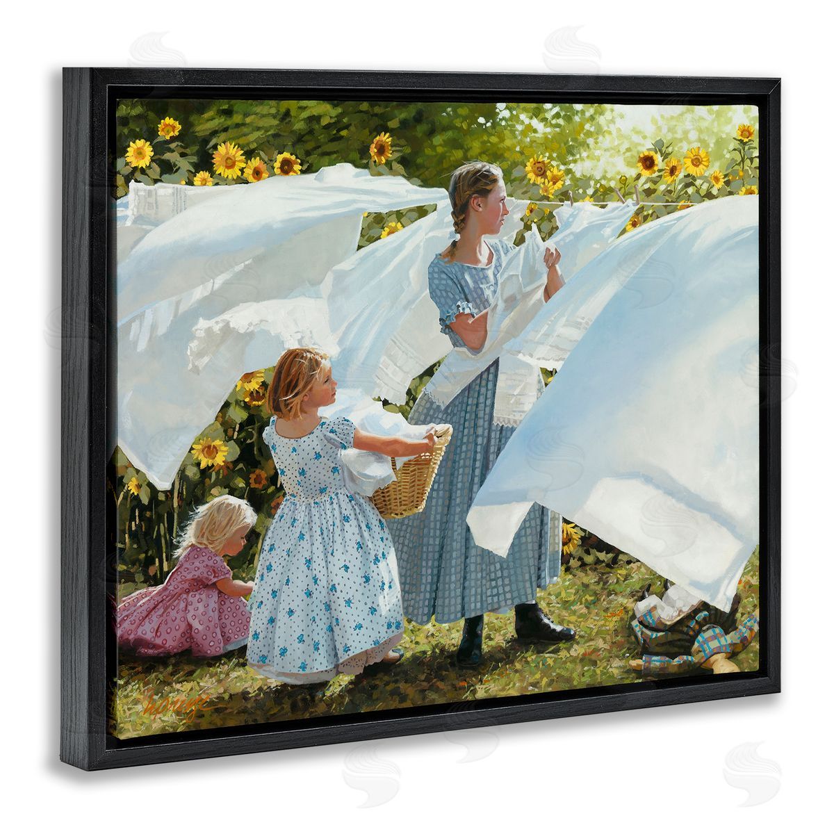 Heide Presse Farm Children Doing Laundry Linens Black Floater Frame Canvas Art