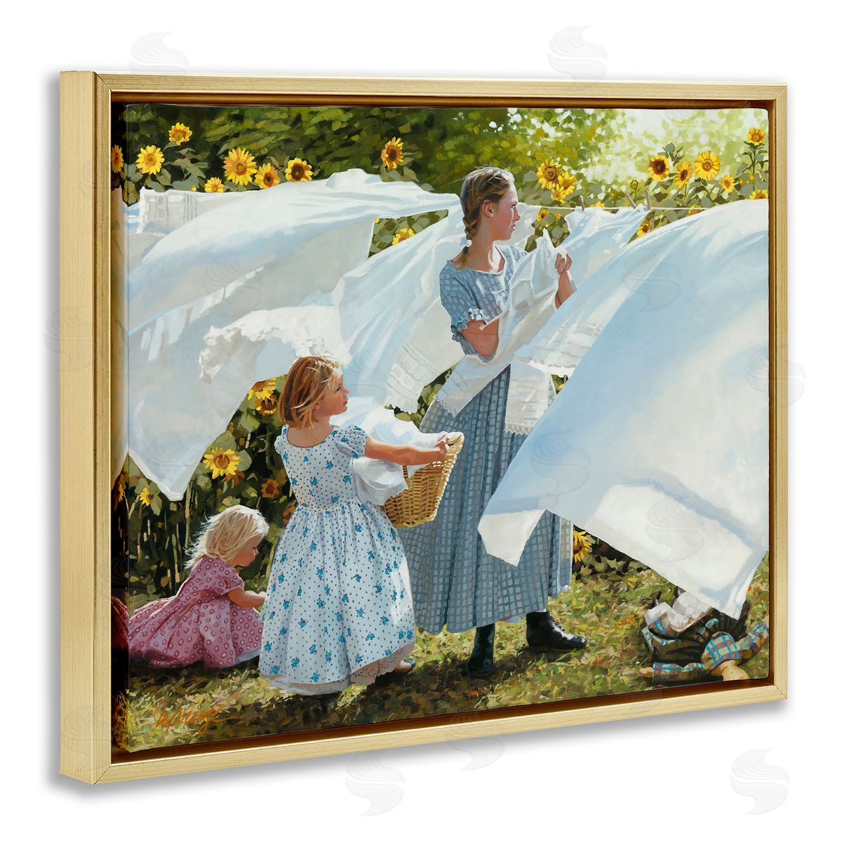 Heide Presse Farm Children Doing Laundry Linens Gold Floater Frame Canvas Art