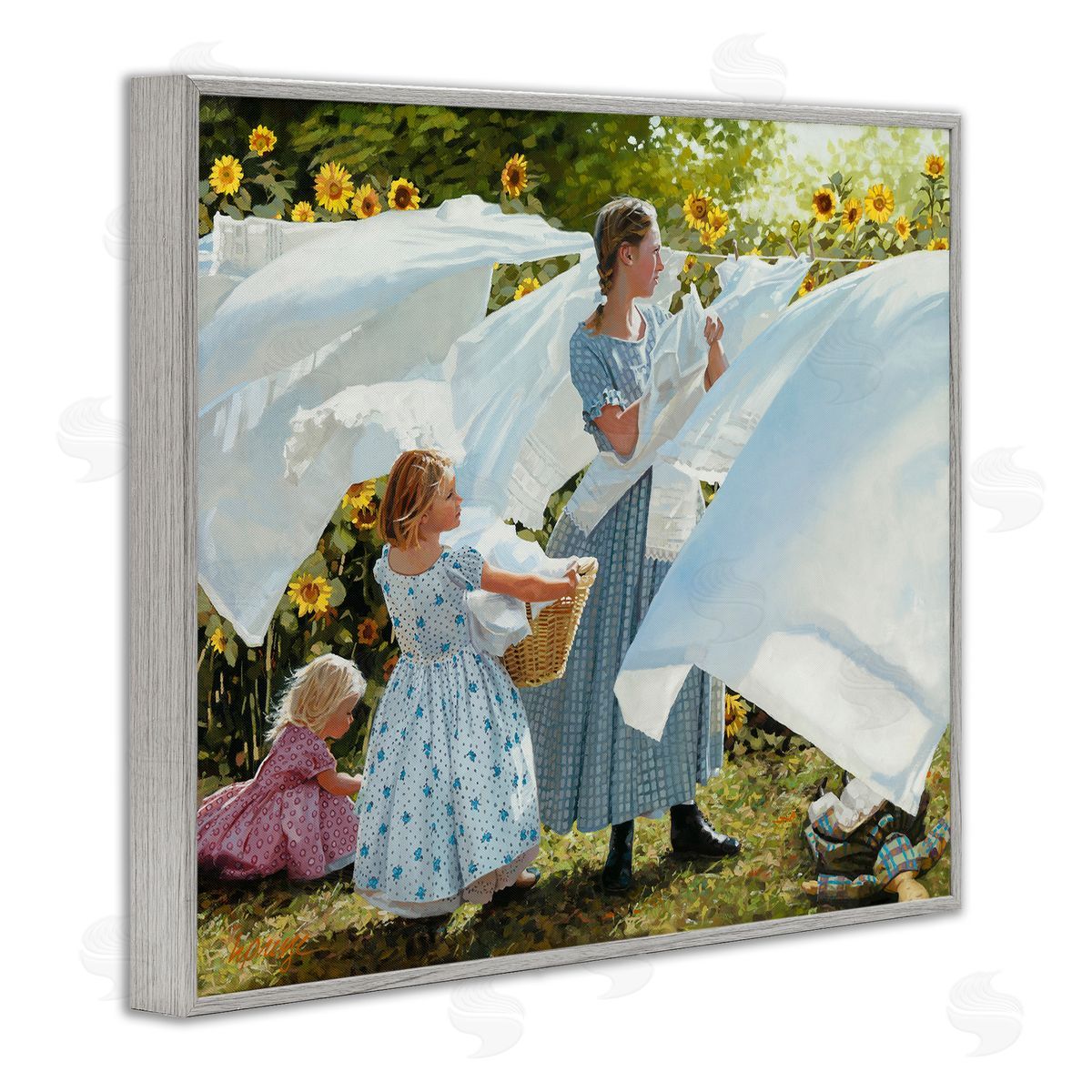 Heide Presse Farm Children Doing Laundry Linens Gray Framed Giclee Wall Art