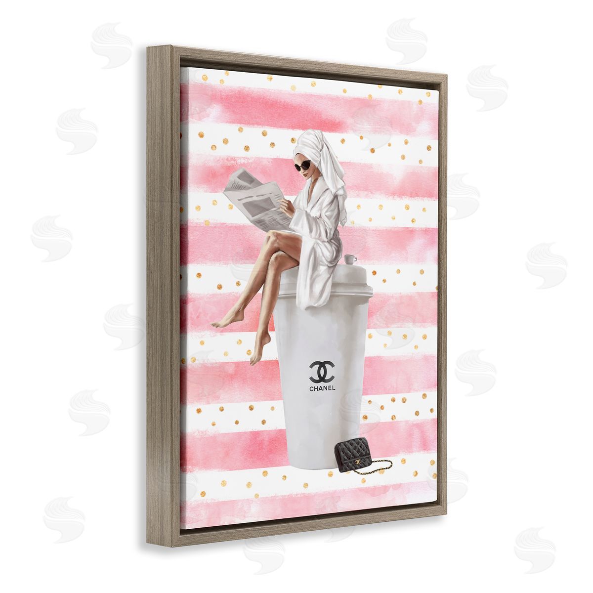 Ziwei Li Coffee Fashionista Polka Dot Stripes Brown Floater Frame Canvas Art