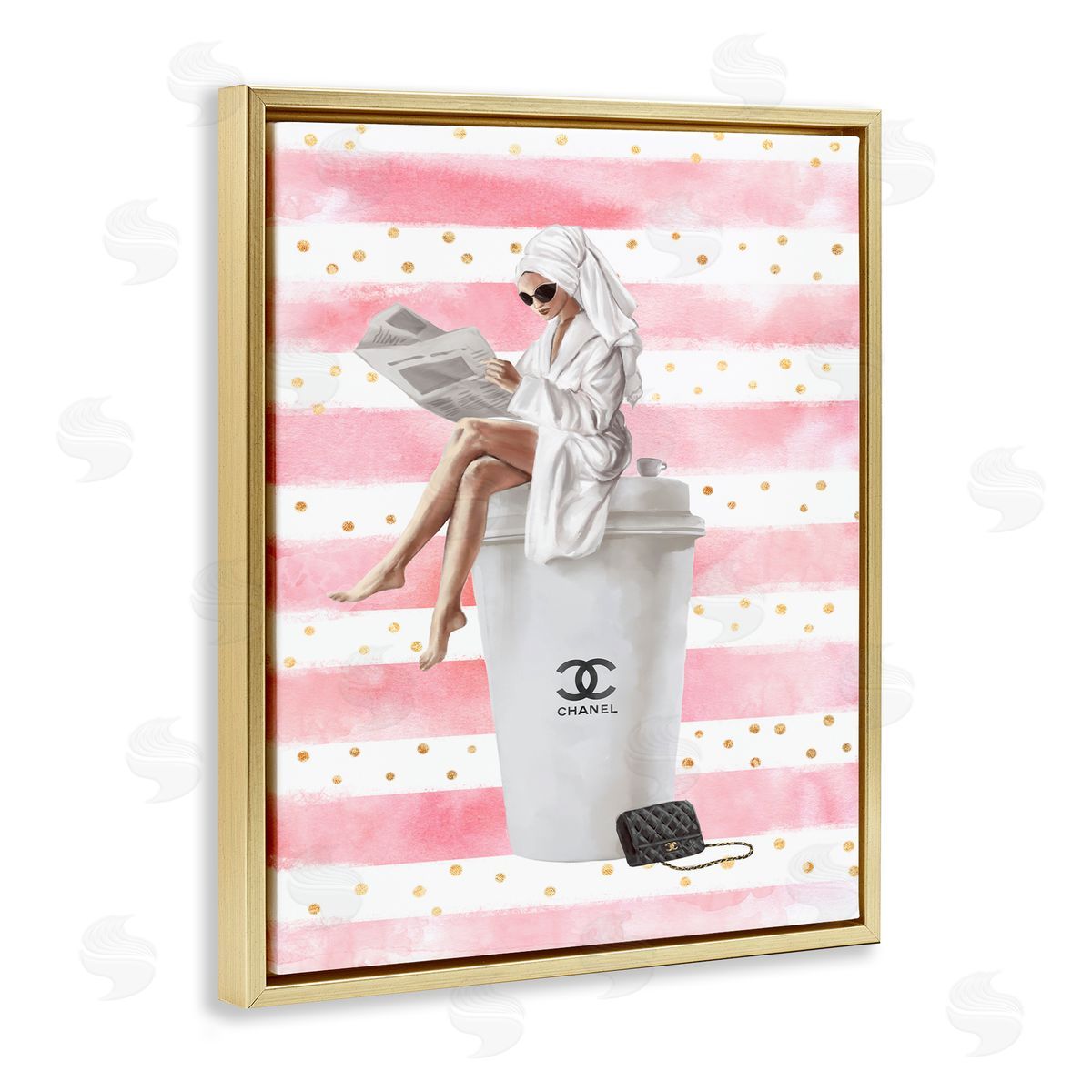 Ziwei Li Coffee Fashionista Polka Dot Stripes Gold Floater Frame Canvas Art