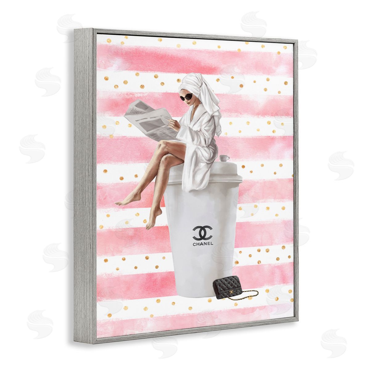 Ziwei Li Coffee Fashionista Polka Dot Stripes Gray Framed Giclee Wall Art