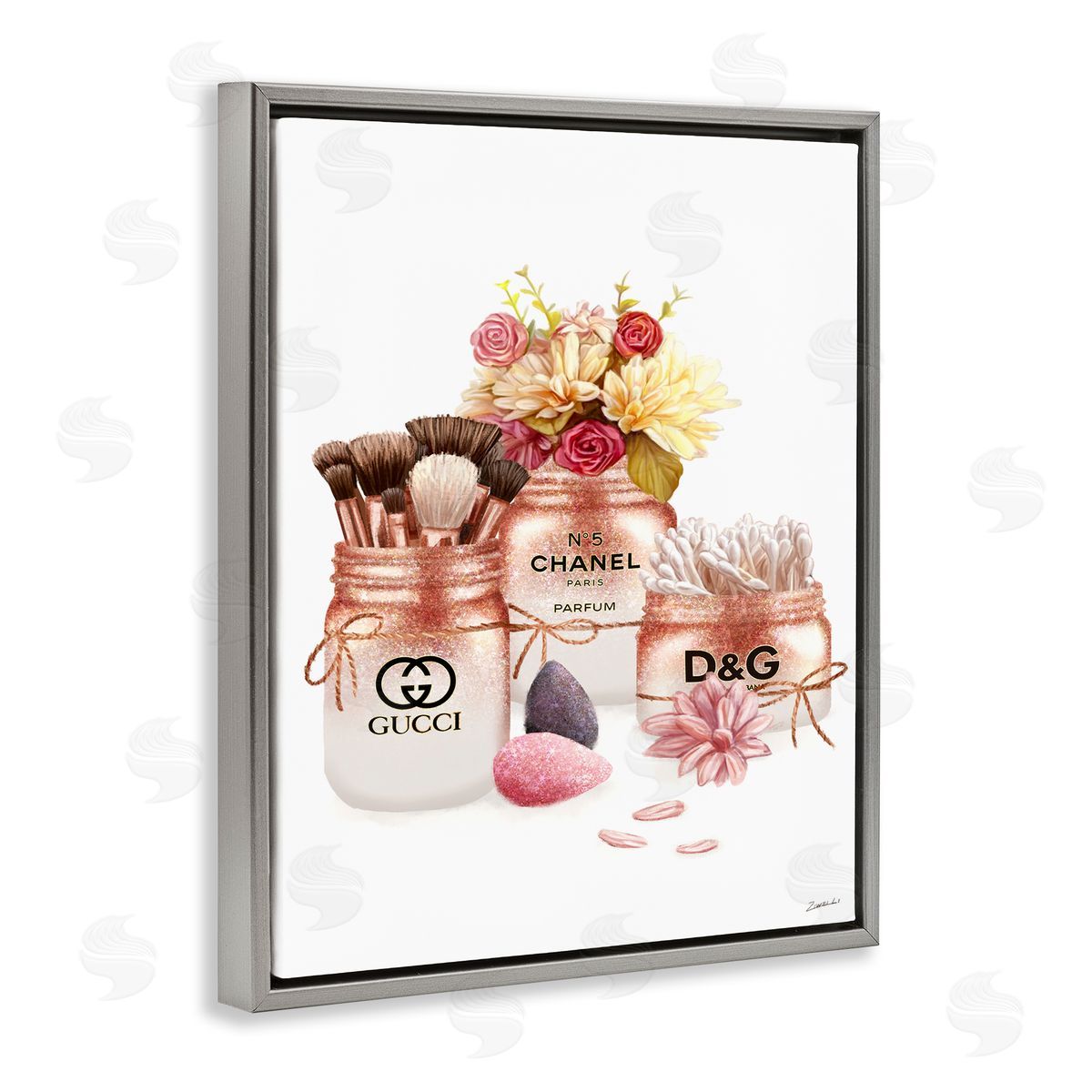 Ziwei Li Fashion Cosmetic Jars and Floral Bouquet Gray Floater Frame Canvas Art