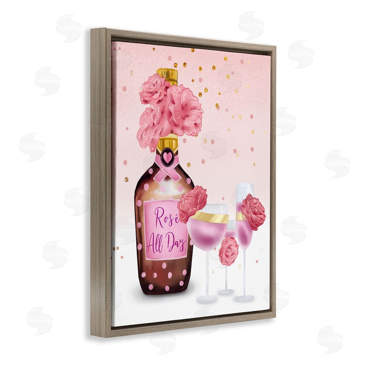 Ziwei Li Rosé All Day with Pink Polka Dots Brown Floater Frame Canvas Art