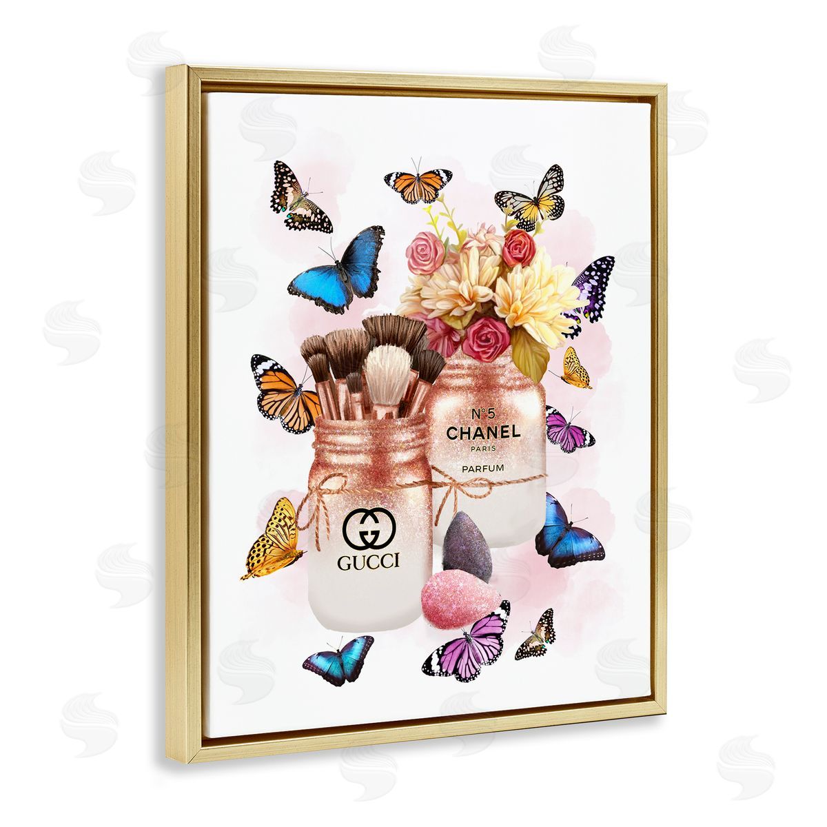 Ziwei Li Fashion Cosmetic Jars Vibrant Butterflies Gold Floater Frame Canvas Art