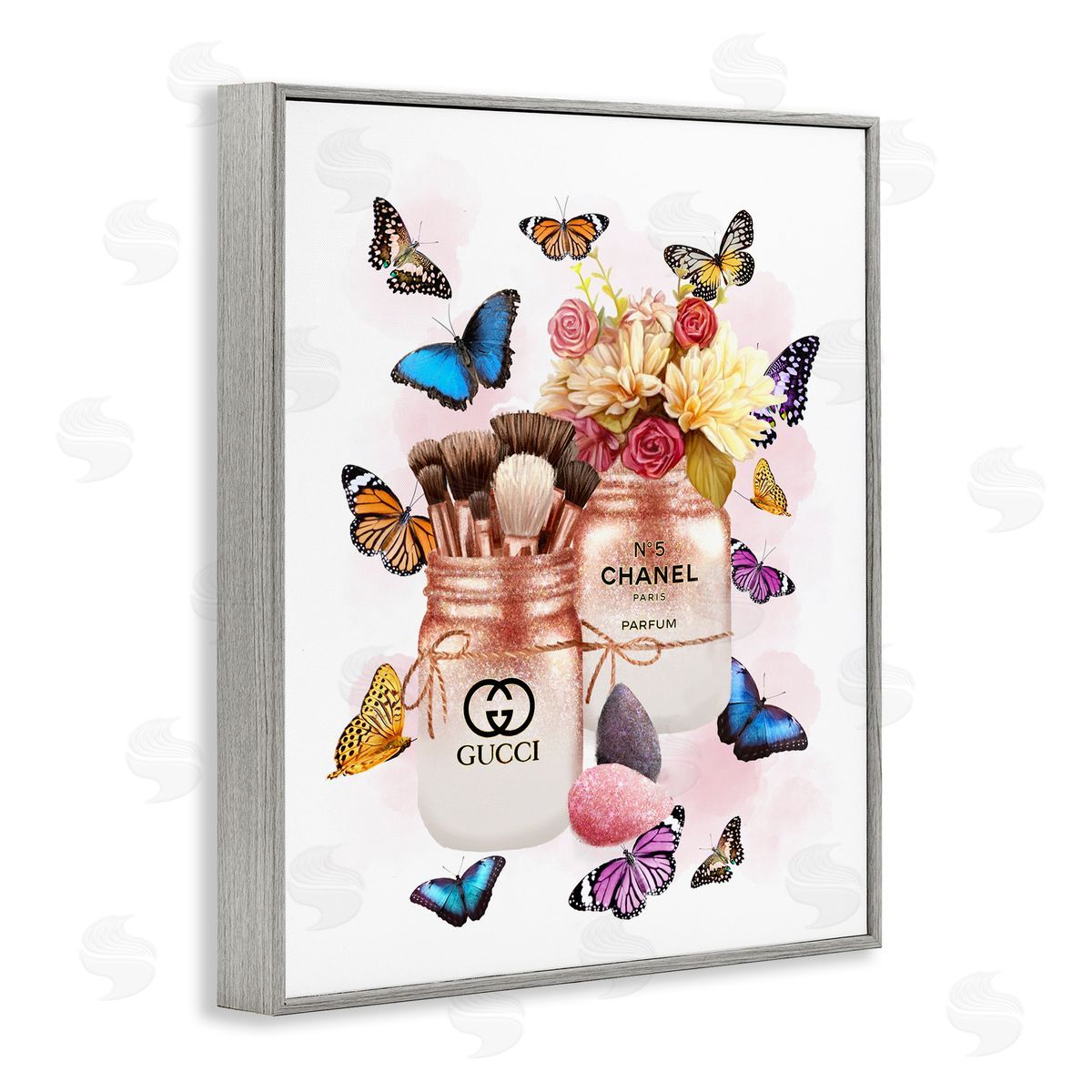 Ziwei Li Fashion Cosmetic Jars Vibrant Butterflies Gray Framed Giclee Wall Art