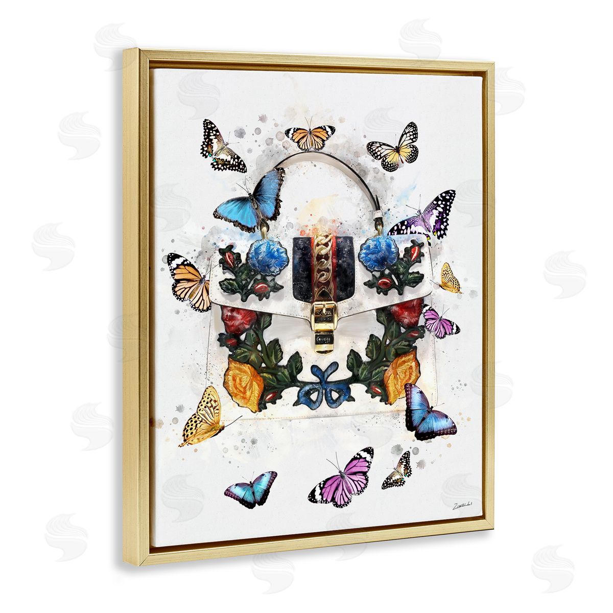 Ziwei Li Fashion Buckle Purse Butterflies and Florals Gold Floater Frame Canvas Art
