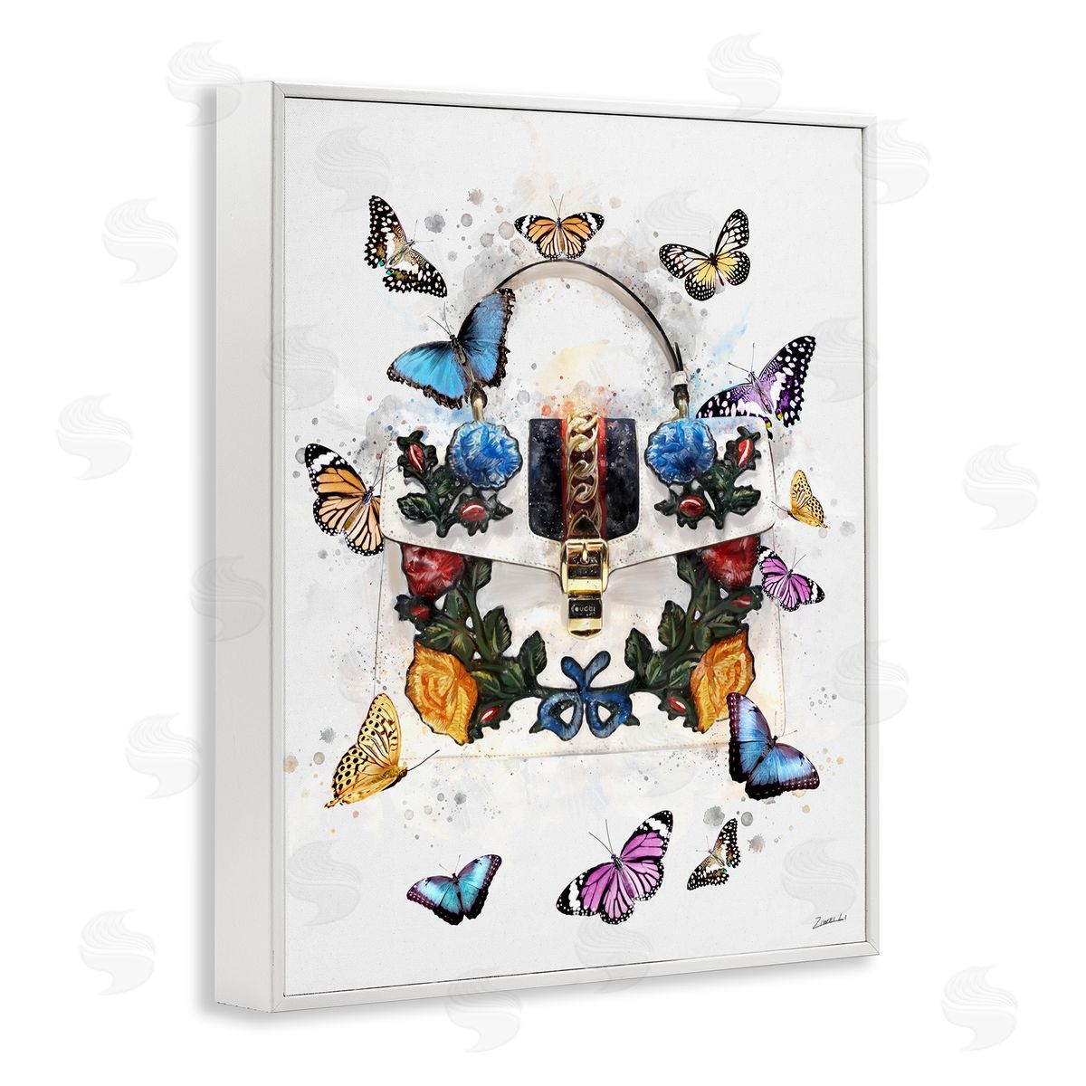 Ziwei Li Fashion Buckle Purse Butterflies and Florals White Framed Giclee Wall Art