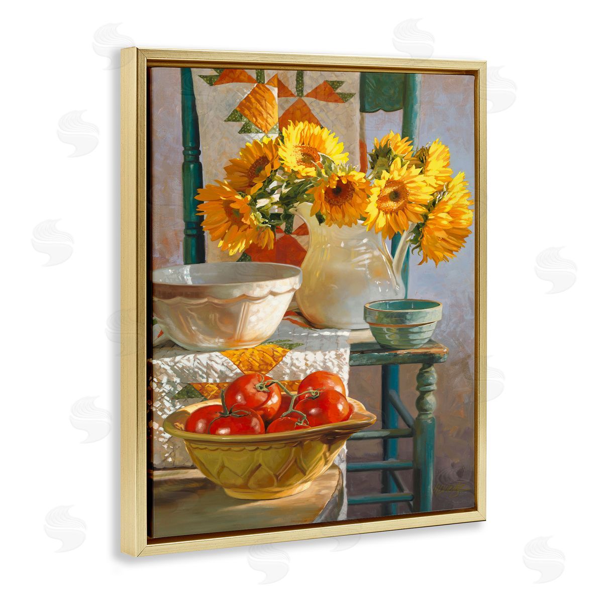Heide Presse Sunflower Country Chair Still Life Gold Floater Frame Canvas Art