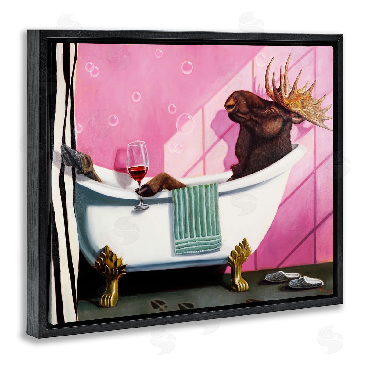 Lucia Heffernan Moose with Wine Bathroom Claw Tub Black Floater Frame Canvas Art