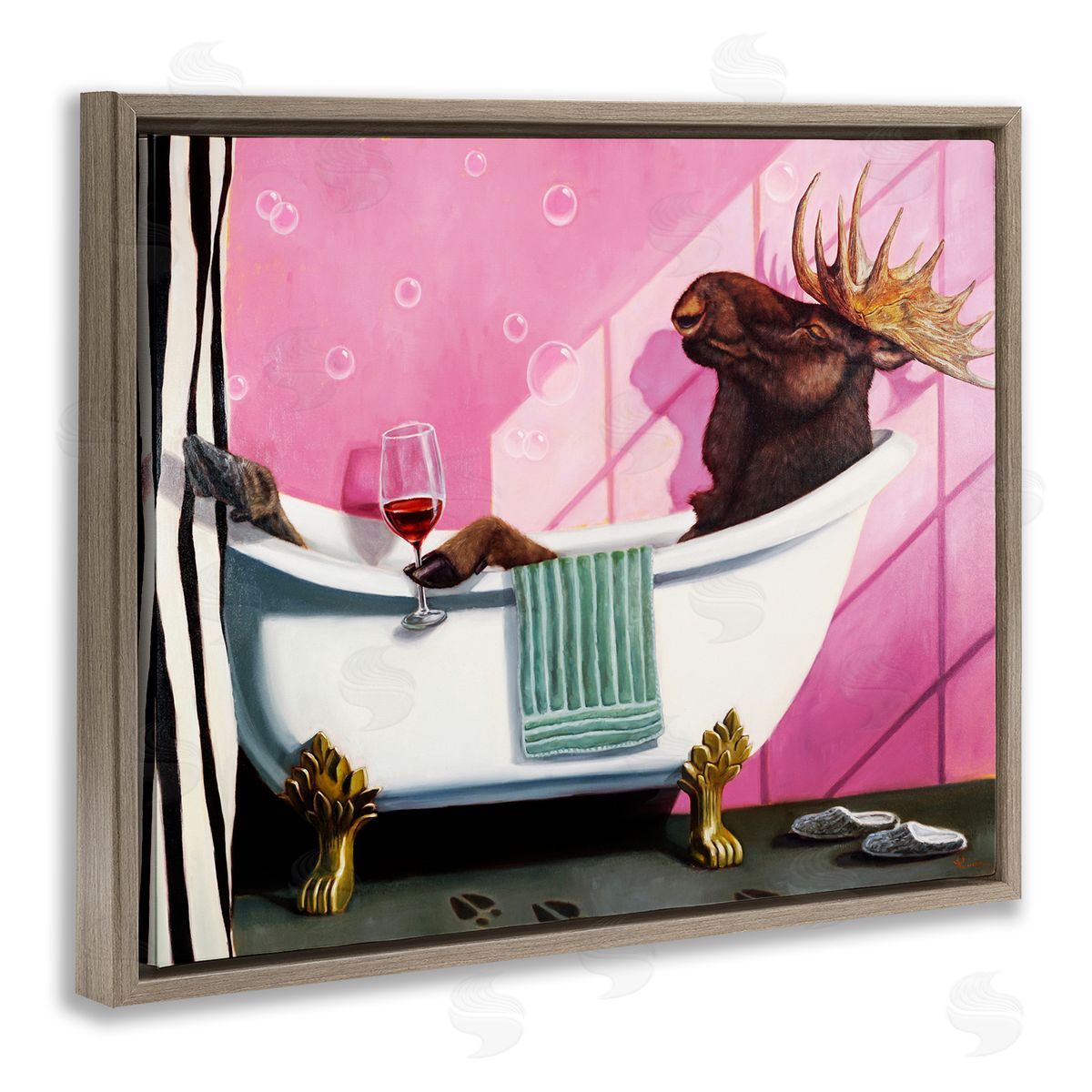 Lucia Heffernan Moose with Wine Bathroom Claw Tub Brown Floater Frame Canvas Art
