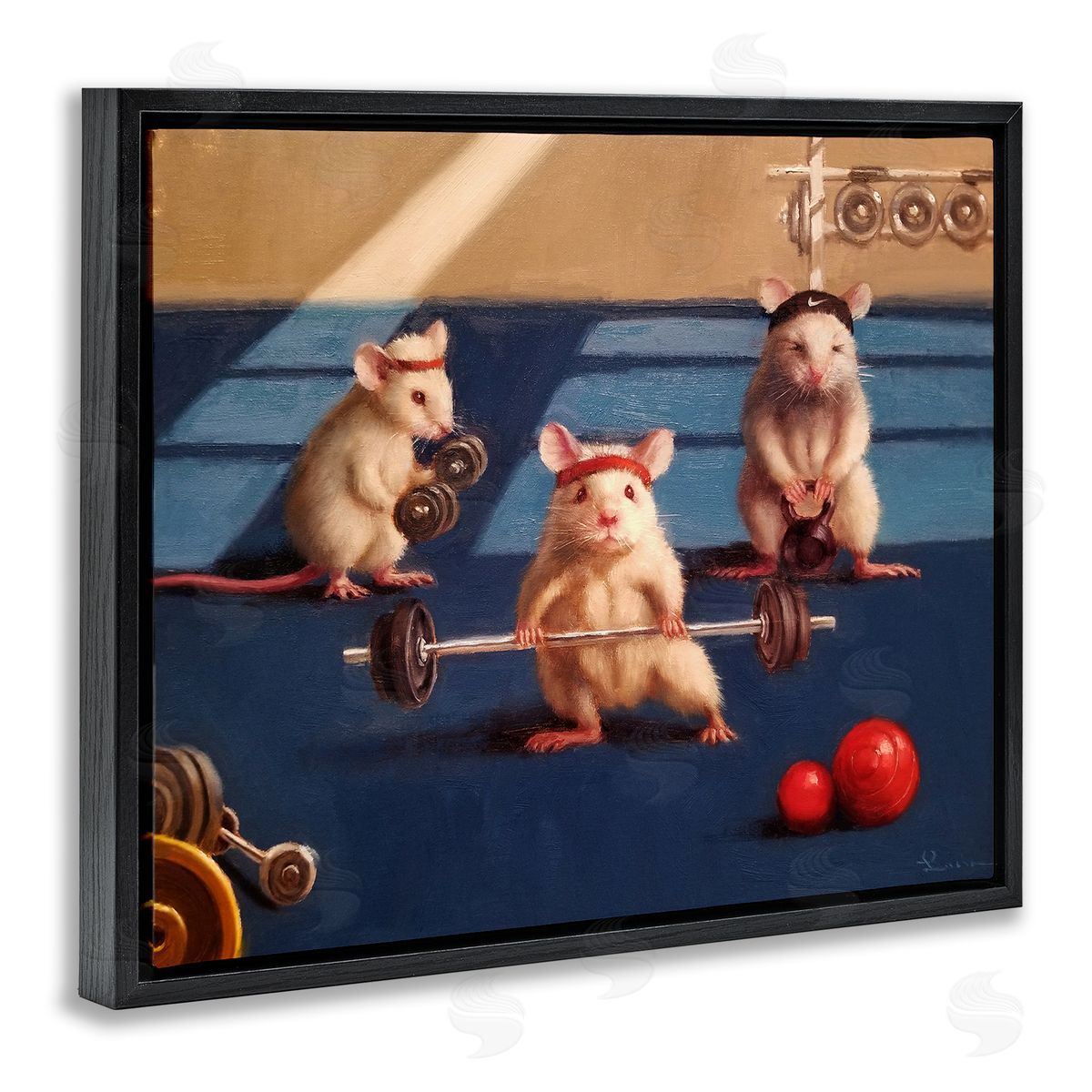 Lucia Heffernan Mice Lifting Weights Gym Humor Black Floater Frame Canvas Art