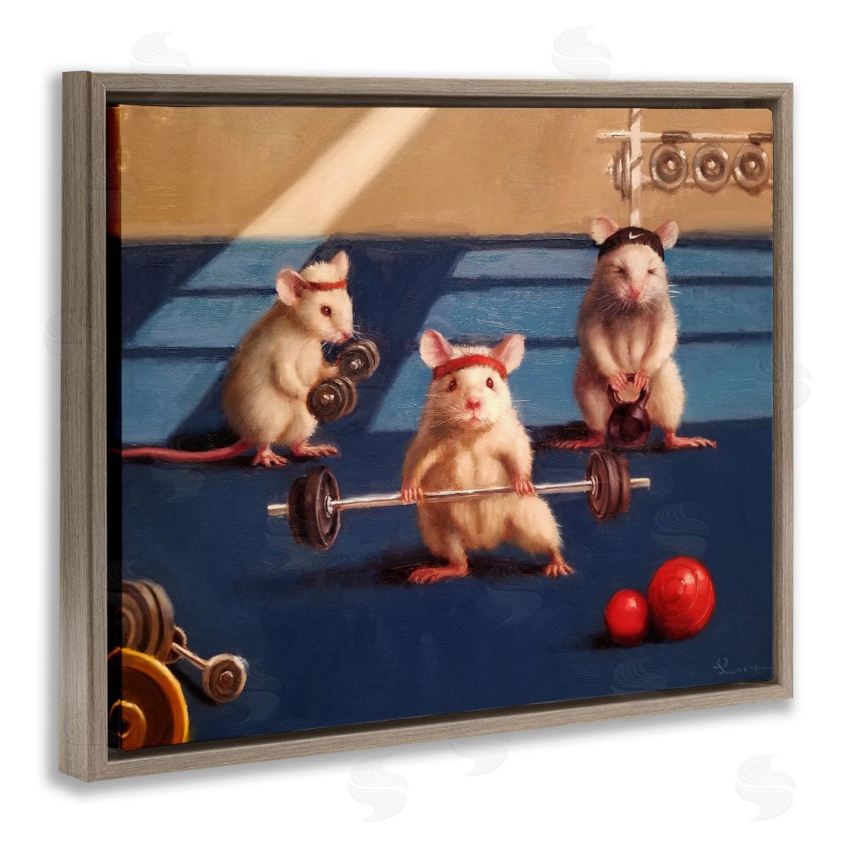 Lucia Heffernan Mice Lifting Weights Gym Humor Brown Floater Frame Canvas Art