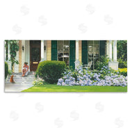 Heide Presse | Woman on Front Porch Blue Hydrangeas