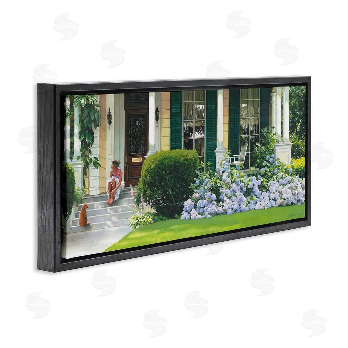 Heide Presse Woman on Front Porch Blue Hydrangeas Black Floater Frame Canvas Art