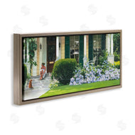 Heide Presse | Woman on Front Porch Blue Hydrangeas