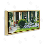 Heide Presse | Woman on Front Porch Blue Hydrangeas