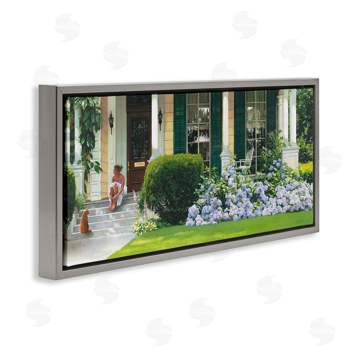 Heide Presse Woman on Front Porch Blue Hydrangeas Gray Floater Frame Canvas Art