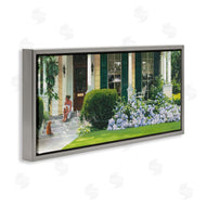 Heide Presse | Woman on Front Porch Blue Hydrangeas