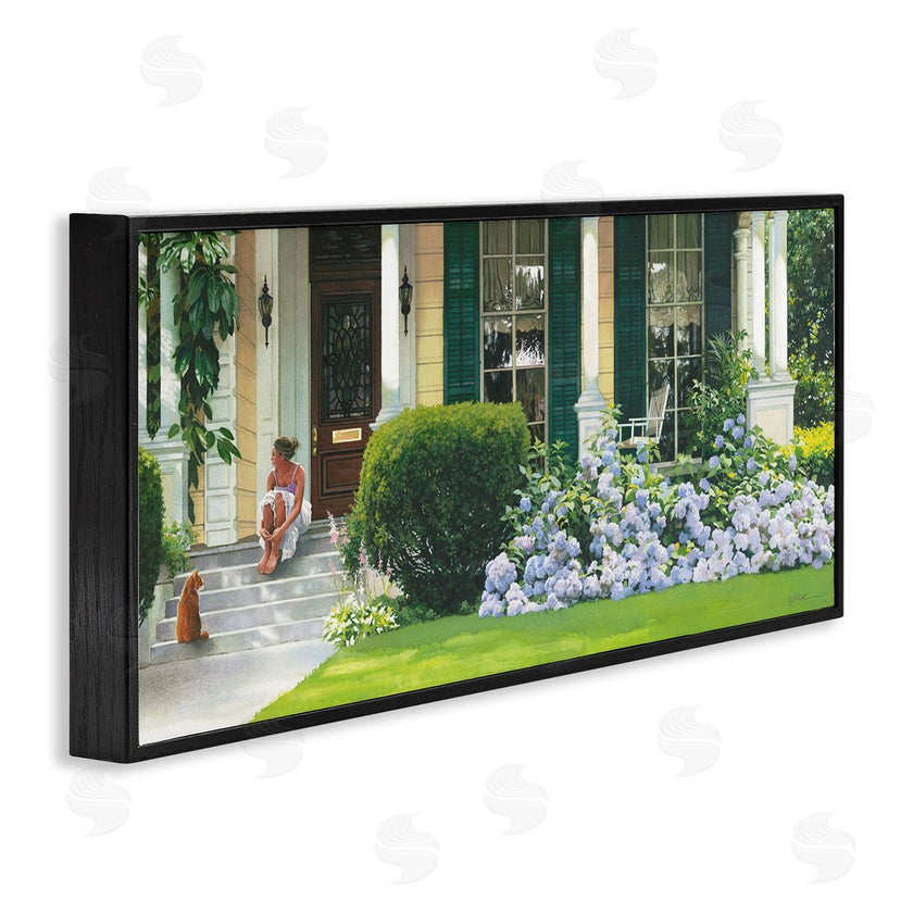 Heide Presse | Woman on Front Porch Blue Hydrangeas
