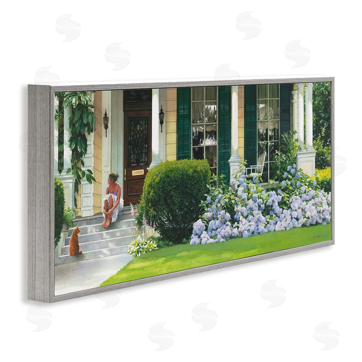 Heide Presse Woman on Front Porch Blue Hydrangeas Gray Framed Giclee Wall Art