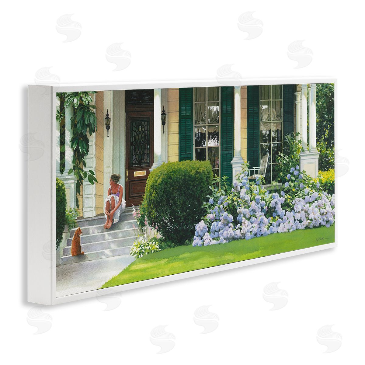 Heide Presse Woman on Front Porch Blue Hydrangeas White Framed Giclee Wall Art