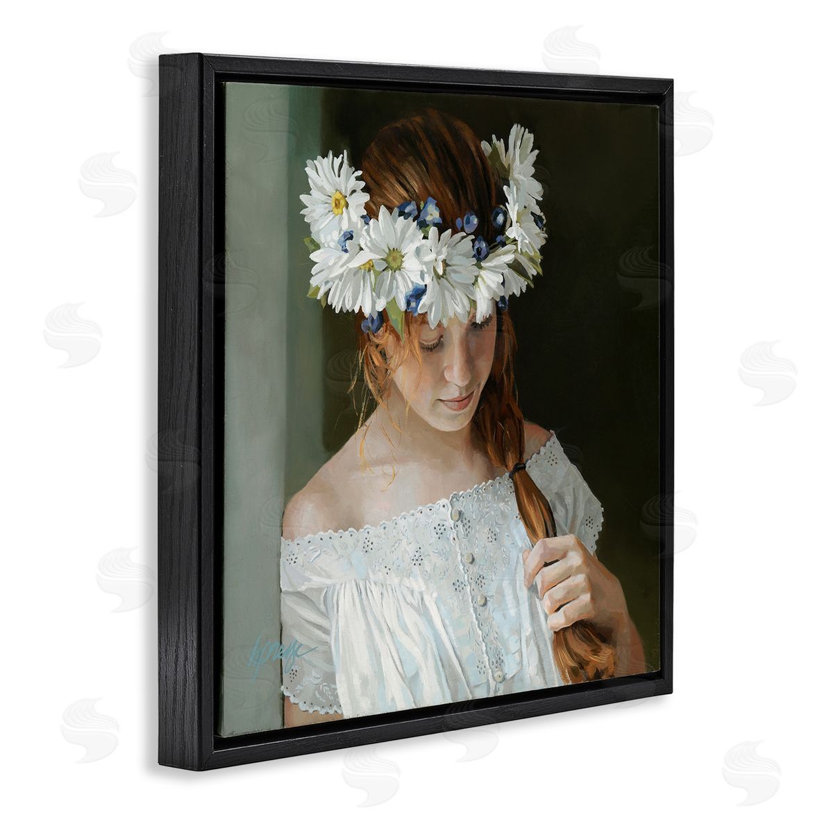 Heide Presse Girl with Floral Daisy Crown Black Floater Frame Canvas Art