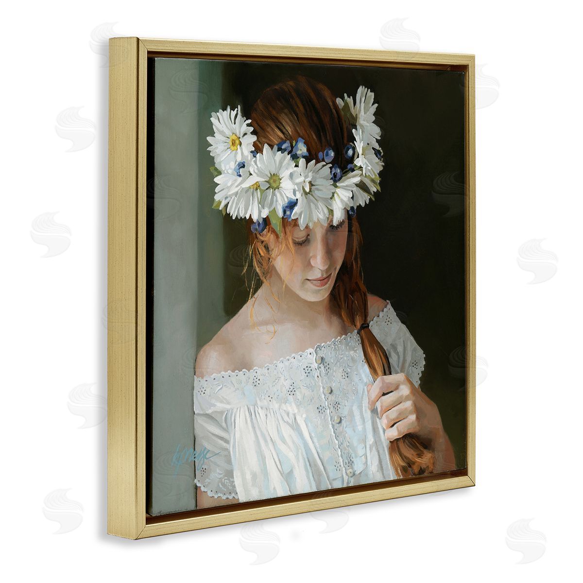 Heide Presse Girl with Floral Daisy Crown Gold Floater Frame Canvas Art